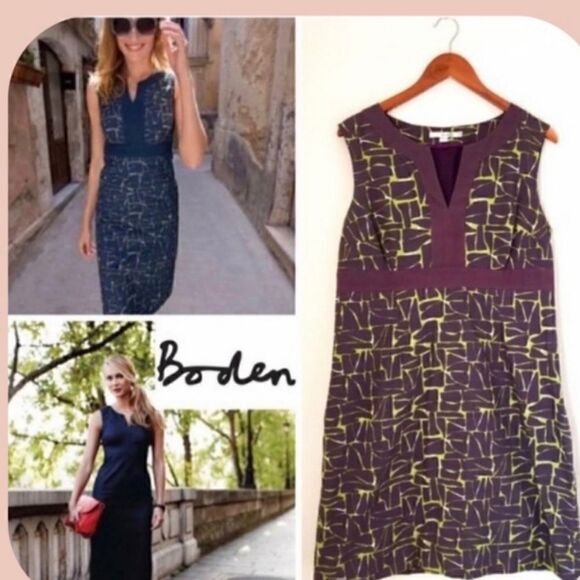 Boden Geometric Cotton V Neck Sheath Dress  Purple and Green - Picture 11 of 13